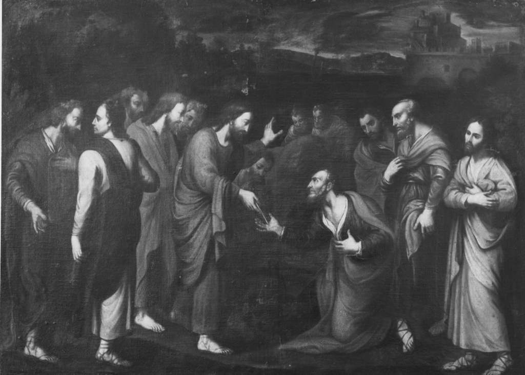 Consegna delle chiavi a San Pietro (dipinto) - ambito romano (prima metà sec. XVII)