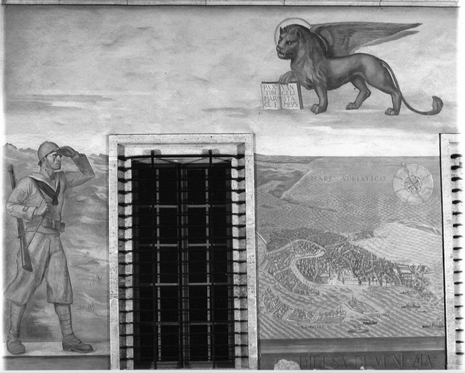 la difesa di Venezia, veduta aerea di Venezia (dipinto) di Oppo Cipriano Efisio (sec. XX)
