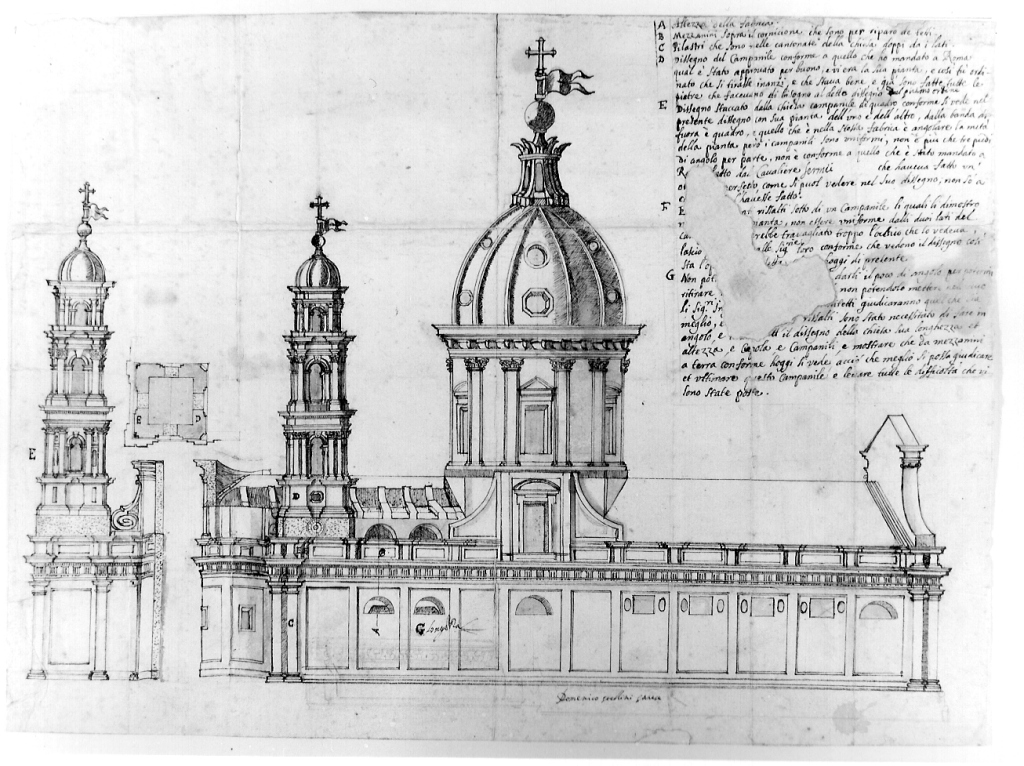 progetto per il campanile della chiesa di S. Maria degli Angeli ad Assisi (disegno) di Quellinus Erasmus II (attribuito) (metà sec. XVII)