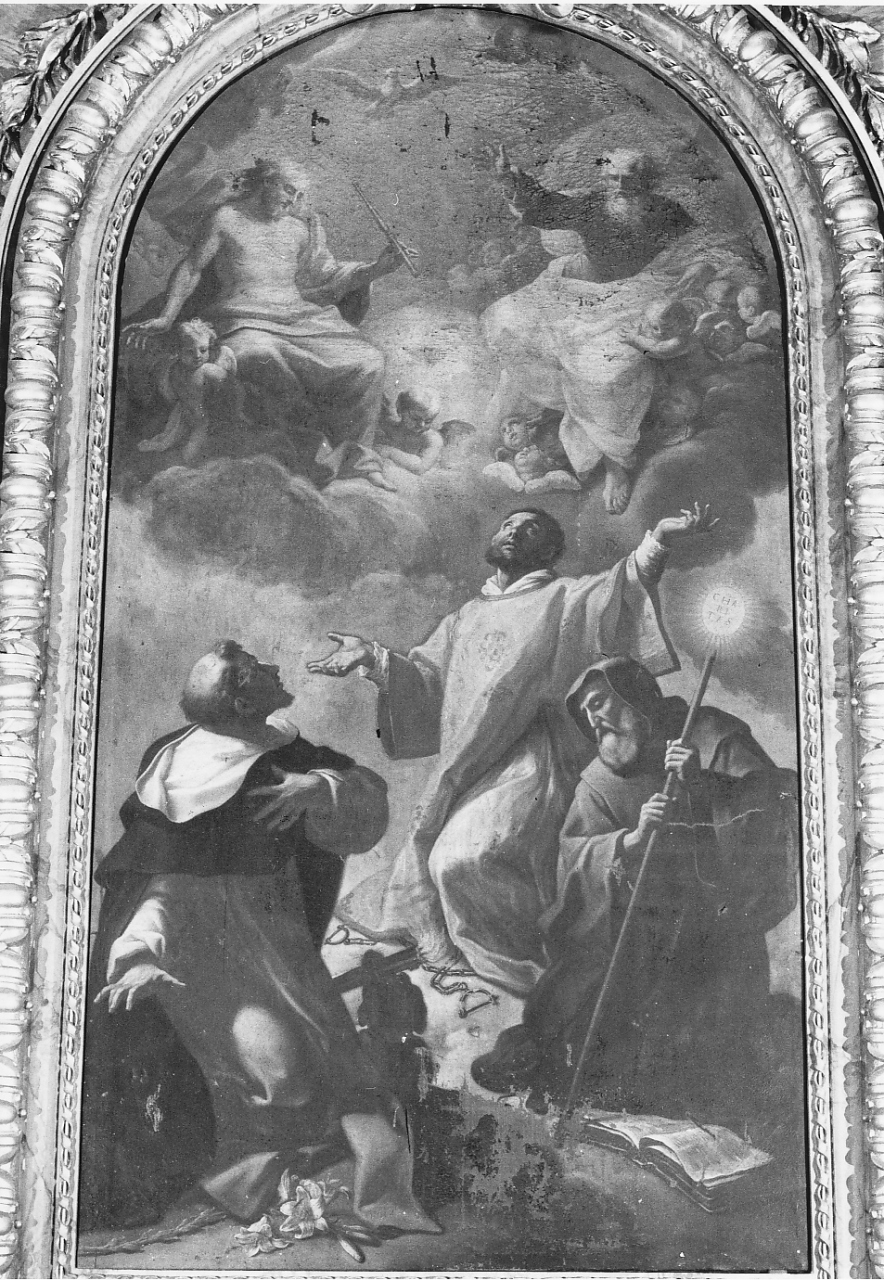 adorazione della Trinità con San Domenico, San Francesco da Paola e San Leonardo (dipinto, opera isolata) di Pesci Girolamo (attribuito) (sec. XVIII)