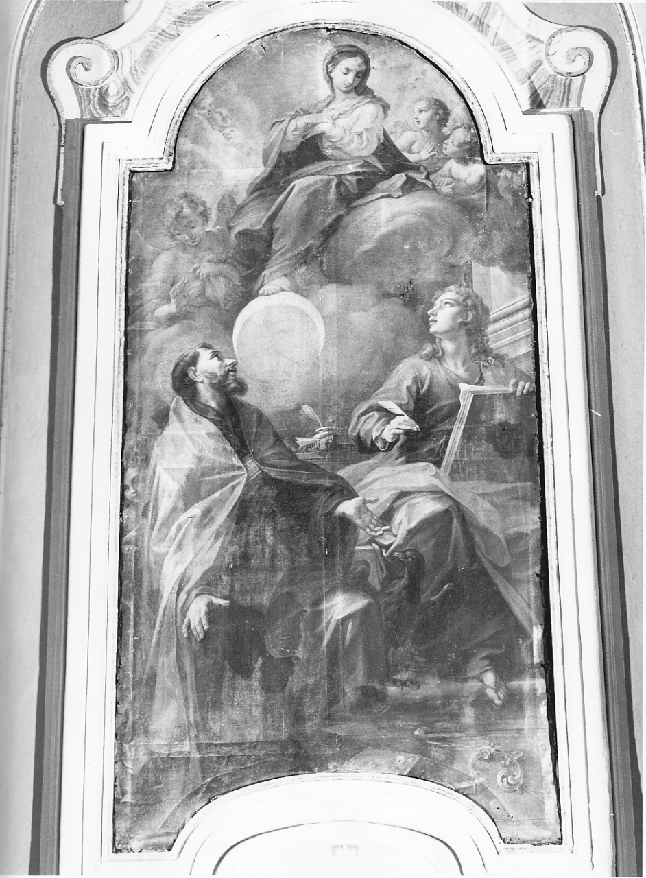 Madonna Immacolata con Sant'Agostino e San Giovanni Evangelista (dipinto, opera isolata) di Pesci Girolamo (attribuito) (sec. XVIII)