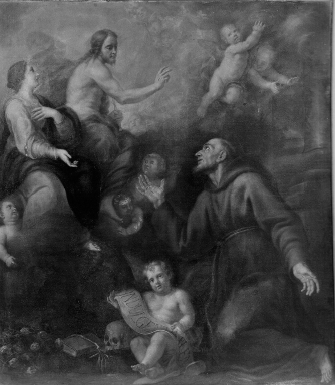Visione di san Francesco (nella cappella della Porzioncula dopo il miracol o della rosa) (dipinto) di De Luce Pasquale (sec. XVIII)