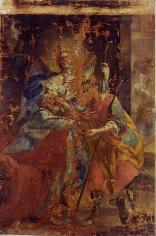 Santo che risana la vista ad un vecchio (San Rocco?) (dipinto) - ambito emiliano (sec. XVII)