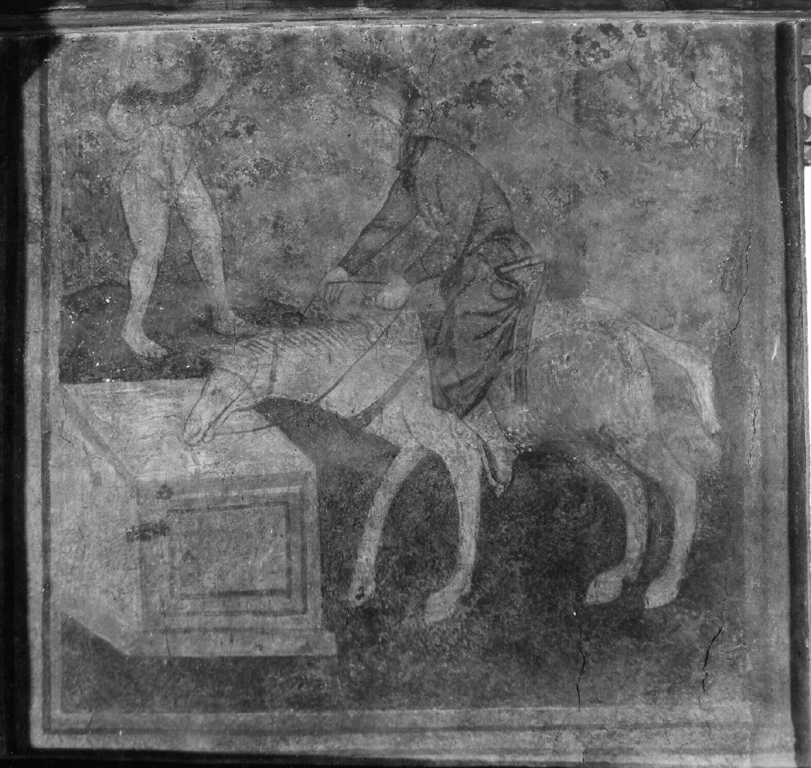 Scena con personaggio a cavallo (dipinto murale, frammento) - ambito Italia meridionale (seconda metà sec. XIII)