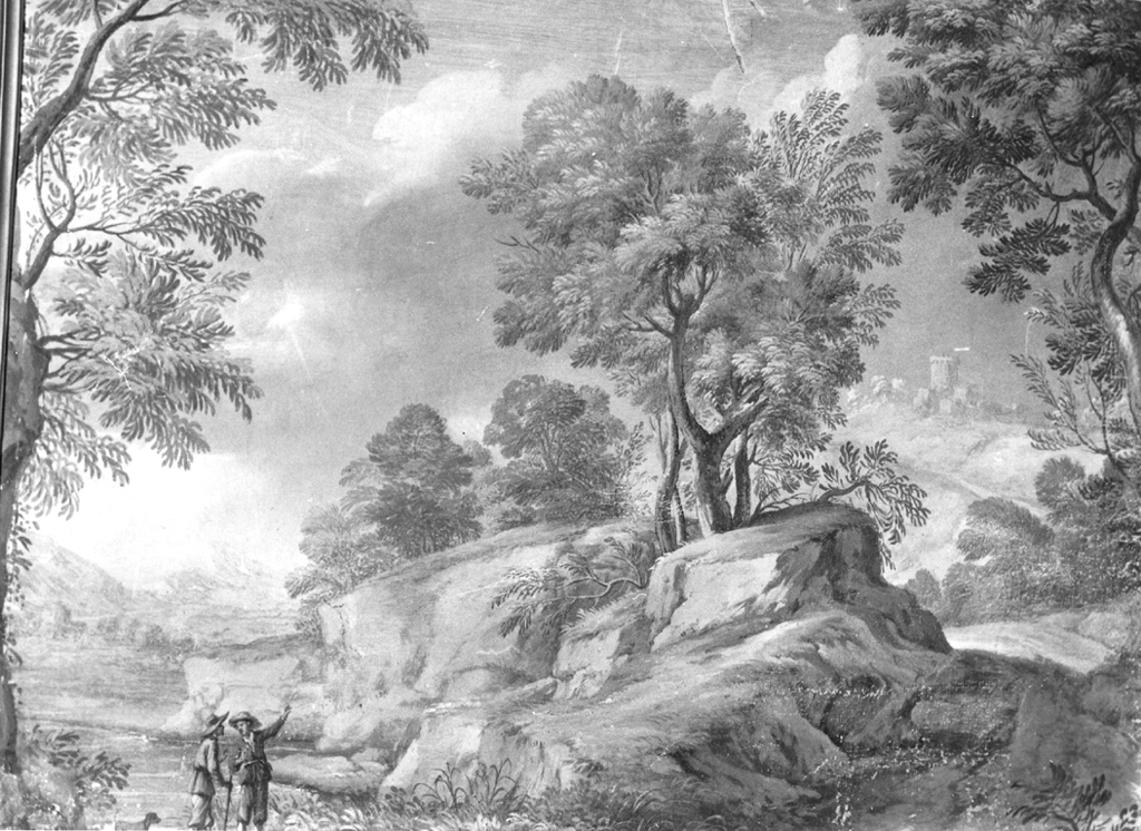 paesaggio con viandante e cane (dipinto) di Onofri Crescenzio (attribuito) (sec. XVII)