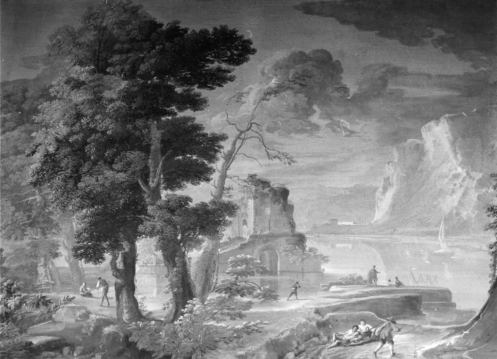paesaggio con rovina sul fiume (dipinto) di Onofri Crescenzio (attribuito) (sec. XVII)