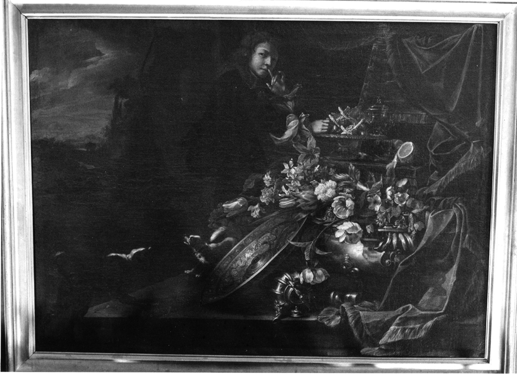 natura morta con tendaggi e fiori (dipinto) - ambito romano (secc. XVII/ XVIII)