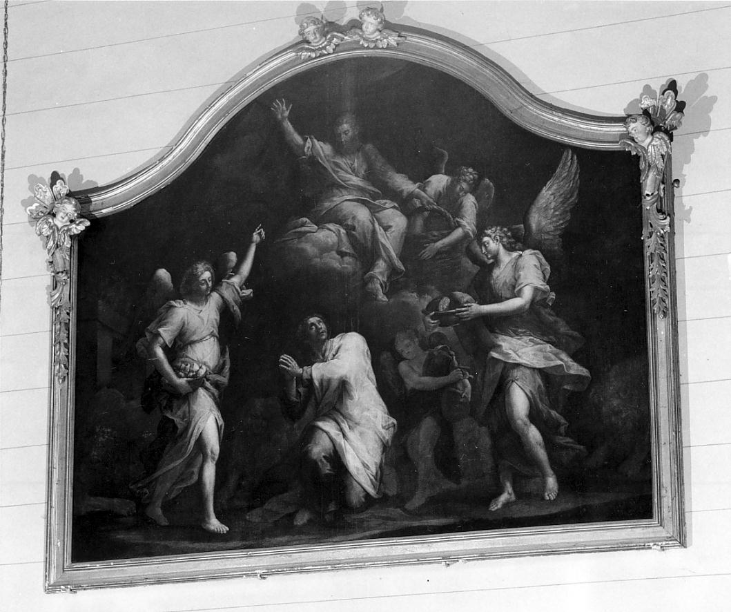 Abacuc trasportato dall'angelo porta il cibo a Daniele nella fossa dei leoni (dipinto, opera isolata) di Boccaccino Francesco (attribuito) (fine/inizio secc. XVII/ XVIII)