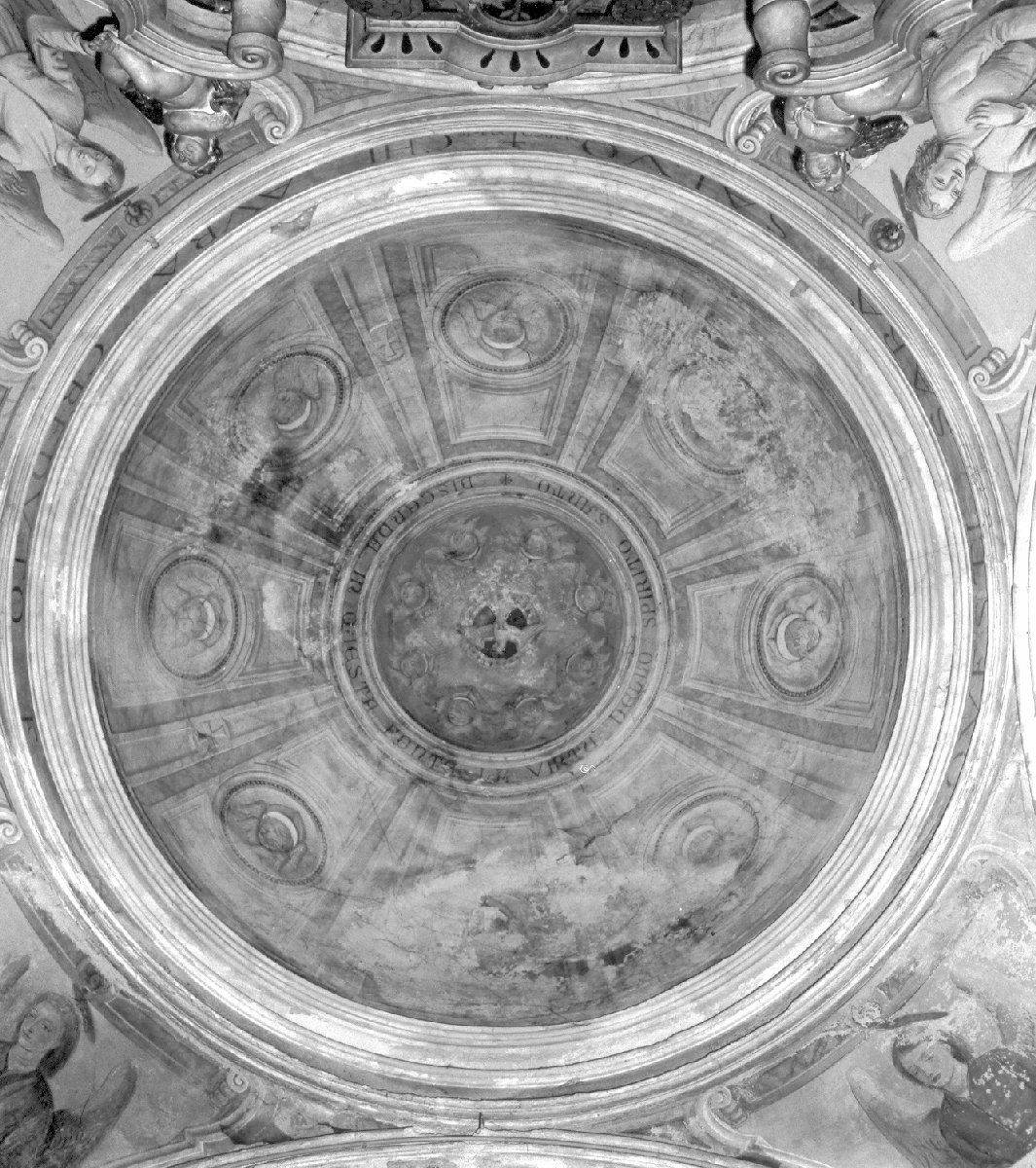 Colomba dello Spirito Santo con teste di angioletti/ Angeli (dipinto, complesso decorativo) di Di Prata Oscar (metà sec. XX)