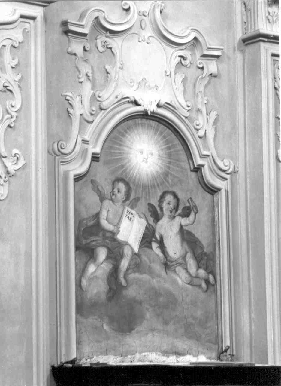 angioletti con libro, spighe, clessidra e sole antropomorfo (dipinto, elemento d'insieme) di Ghirlandini Giovanni (sec. XVIII)