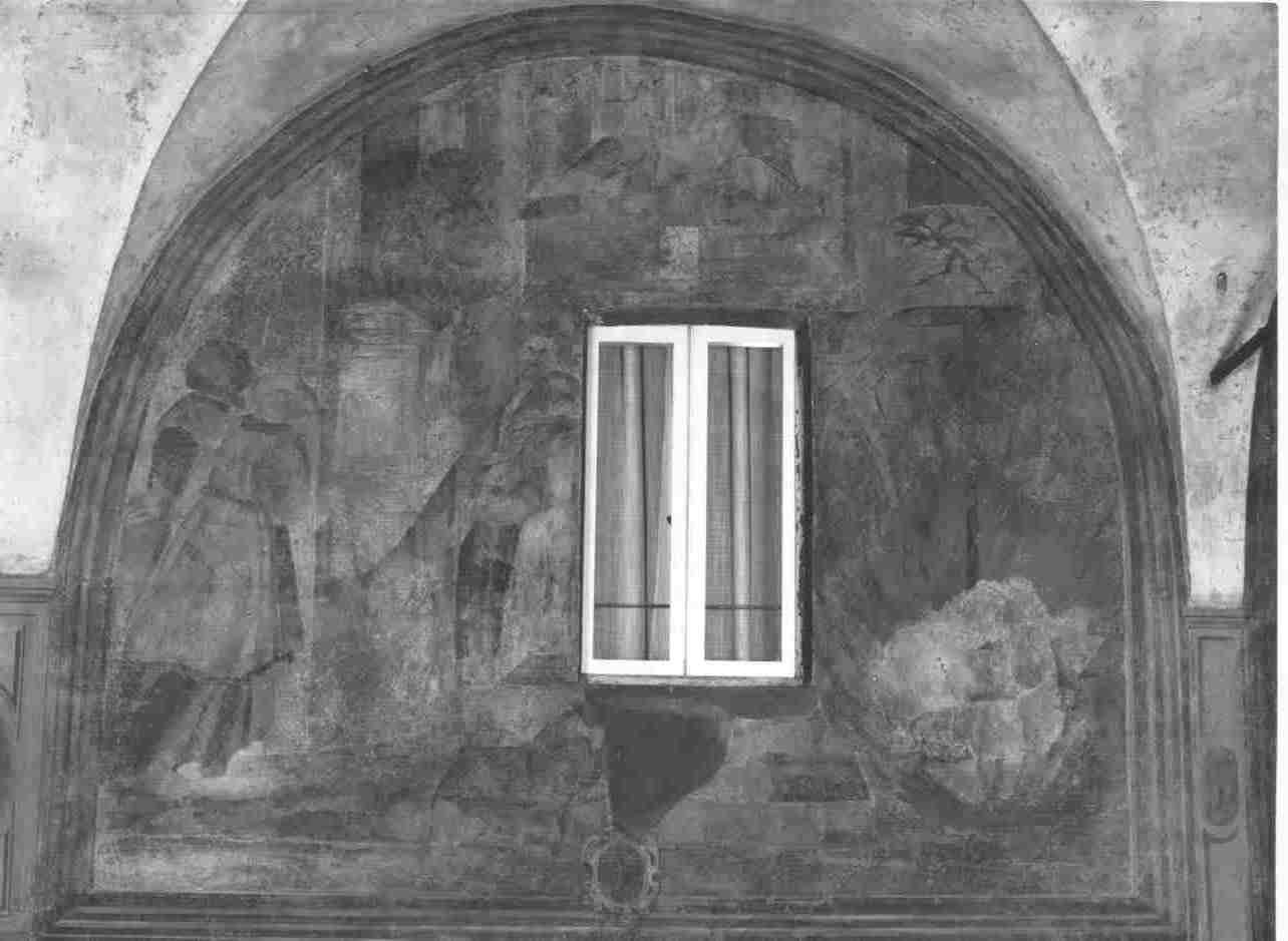 San Bernardino da Siena fa bruciare le carte da gioco (dipinto, opera isolata) - ambito bresciano (inizio sec. XVII)