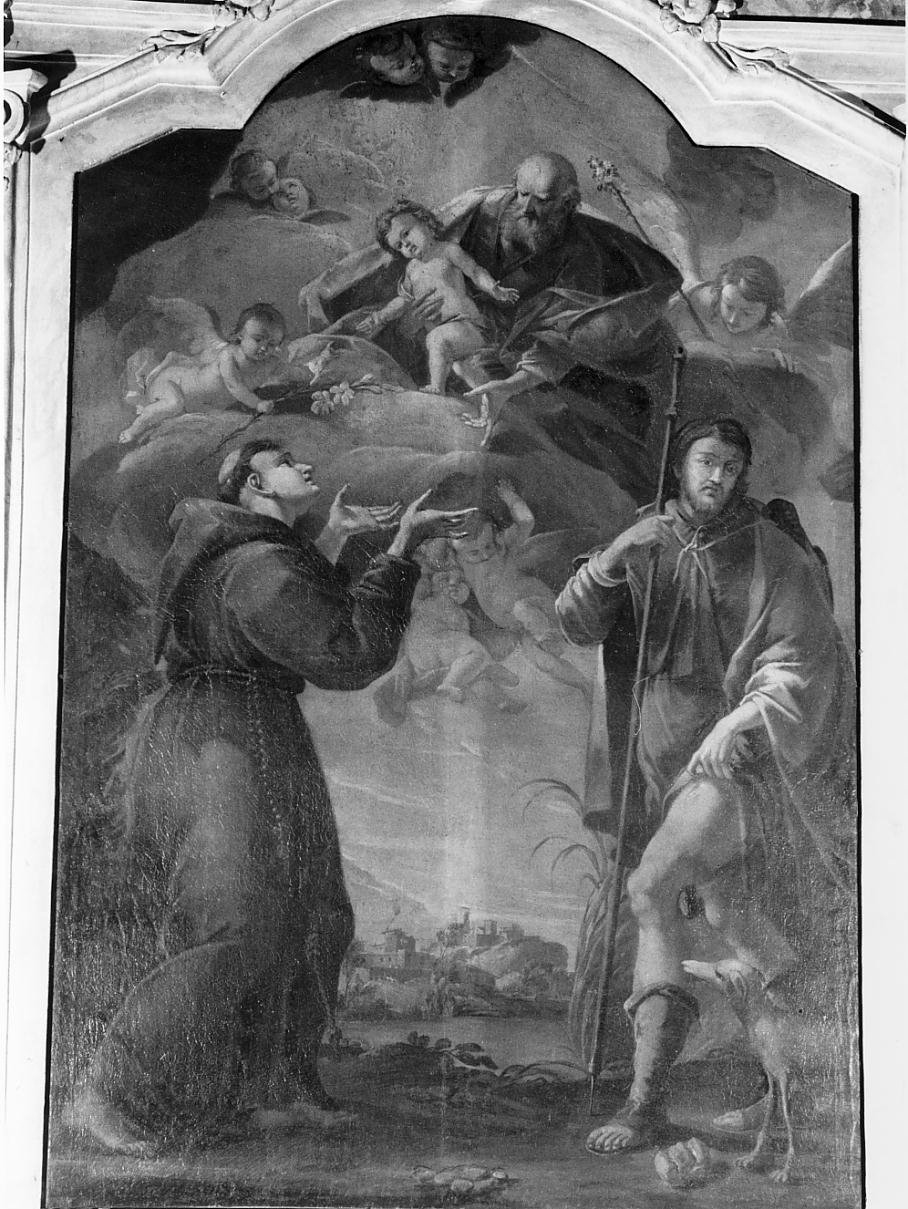 San Giuseppe col Bambino in gloria tra Sant'Antonio da Padova e San Rocco (dipinto) di Cadioli Giovanni (sec. XVIII)