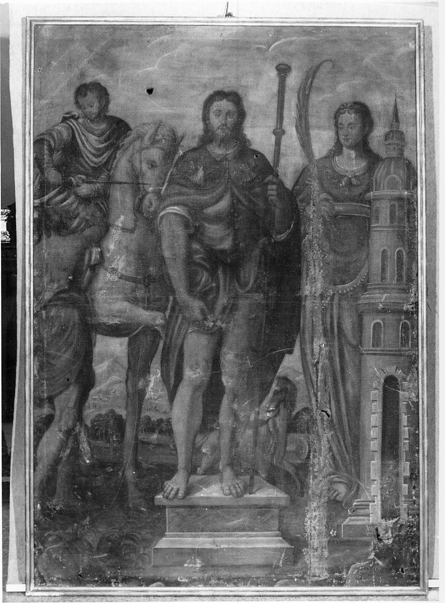 San Rocco, Santa Barbara e San Martino che dona una parte del suo mantello al povero (dipinto) - ambito lombardo (sec. XVII)