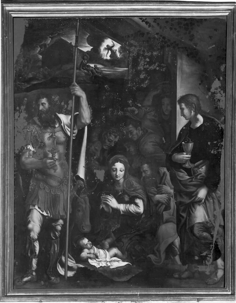 L'adorazione del Bambino, Madonna con Bambino e altri personaggi (dipinto, opera isolata) di Rinaldo Mantovano (attribuito) (prima metà sec. XVI)