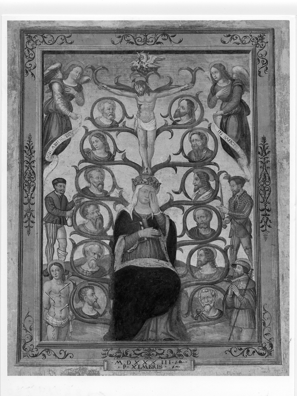Albero della vita con i busti dei dodici apostoli, Madonna in trono, San Sebastiano, San Rocco, due uomini e due angeli con cartiglio (dipinto, opera isolata) - ambito bresciano (secondo quarto sec. XVI)