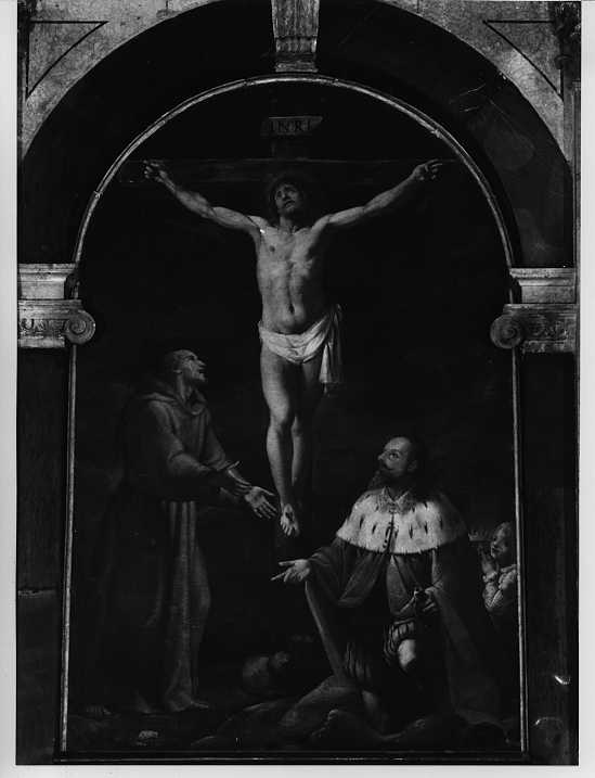 San Francesco e Giulio Cesare Gonzaga che adorano il Crocefisso (dipinto, elemento d'insieme) - ambito mantovano (sec. XVII)