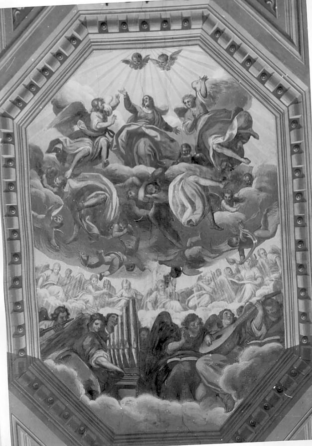 Madonna in gloria (soffitto dipinto, ciclo) di Rama Camillo, Negretti Jacopo detto Palma il Giovane (fine sec. XVII, sec. XIX)