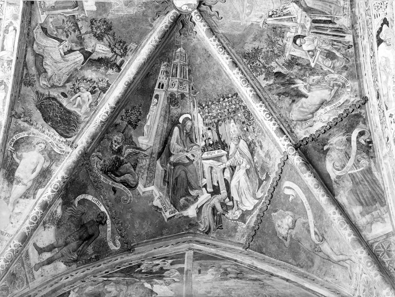 San Marco evangelista; il leone; San Gregorio Magno; le personificazioni del Fuoco e della Terra (decorazione pittorica, elemento d'insieme) di Bembo Bonifacio (sec. XV)