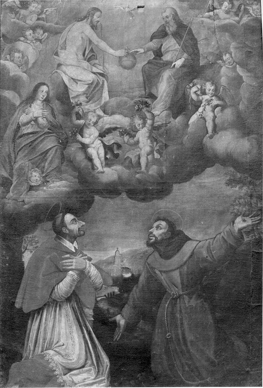 San Carlo Borromeo e San Francesco d'Assisi adorano la SS. Trinità (dipinto, opera isolata) - ambito lombardo (prima metà sec. XVIII)