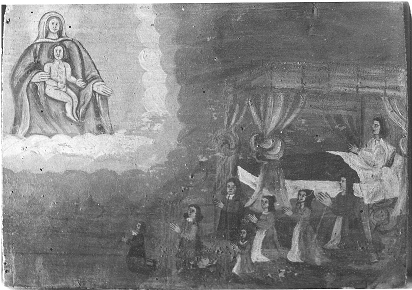 Ex voto: Malata in letto ed oranti (dipinto, opera isolata) - ambito italiano (sec. XVII)
