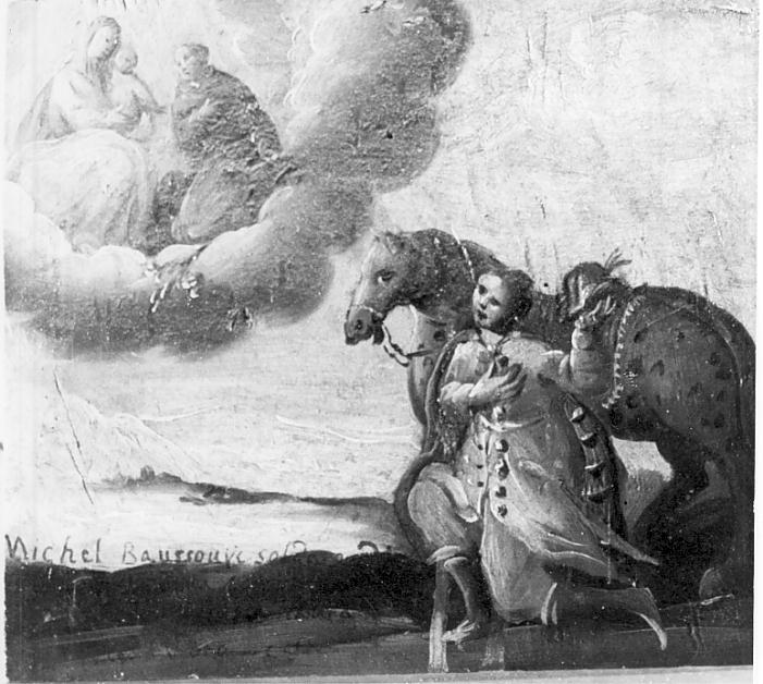 Ex voto: Cavaliere inginocchiato accanto a cavallo, in preghiera (dipinto, opera isolata) - ambito italiano (sec. XVIII)