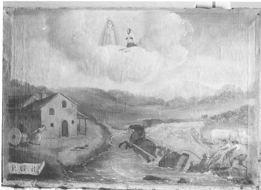 Ex voto: Carrozza rovesciata in un fiume (dipinto, opera isolata) - ambito bresciano (sec. XIX)