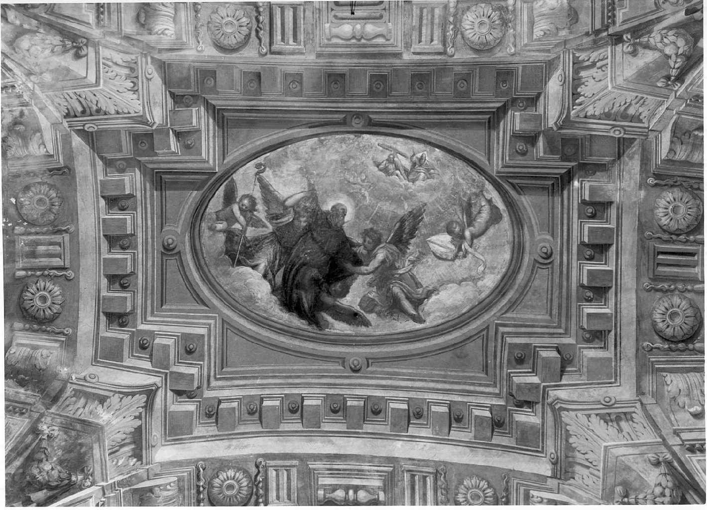San Benedetto in gloria entro quadratura architettonica (dipinto, elemento d'insieme) di Sandrini Tommaso (attribuito), Gandini Bernardino (attribuito) (sec. XVII)
