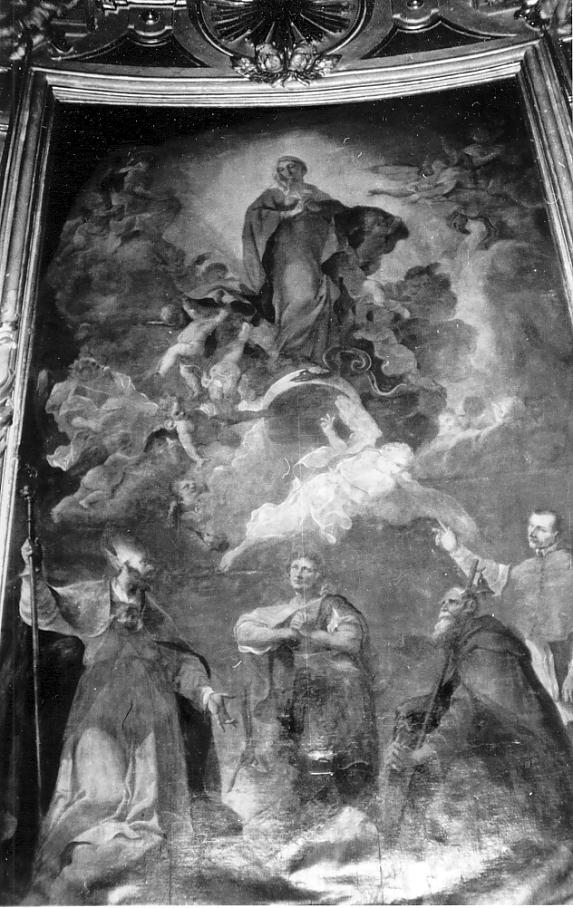 Madonna con Bambino in gloria e i santi Pantaleone, Antonio abate, Carlo Borromeo e Martino (pala, opera isolata) - ambito Italia settentrionale (sec. XVIII)