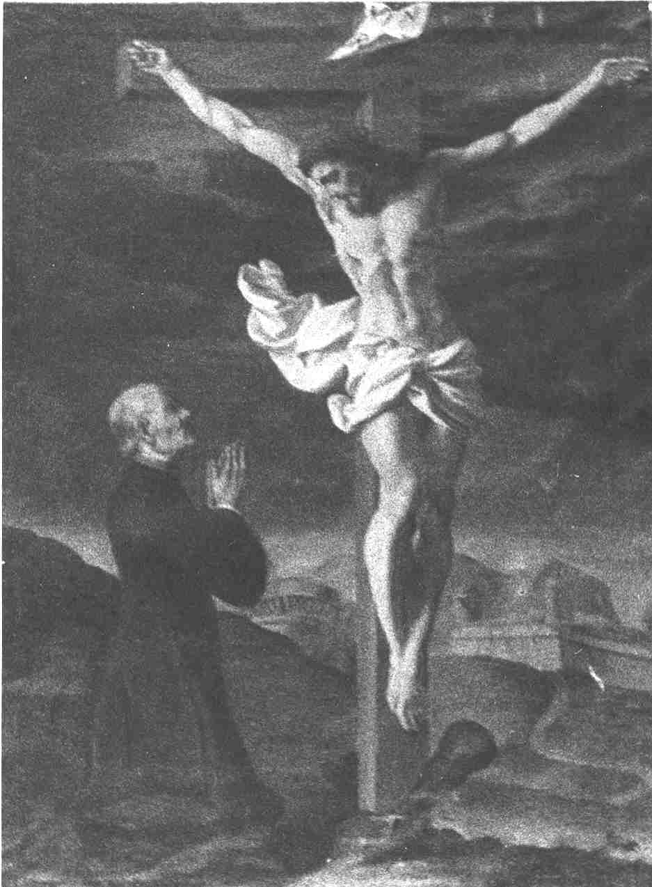 Cristo crocifisso con sacerdote (dipinto, opera isolata) - ambito bresciano (metà sec. XVIII)