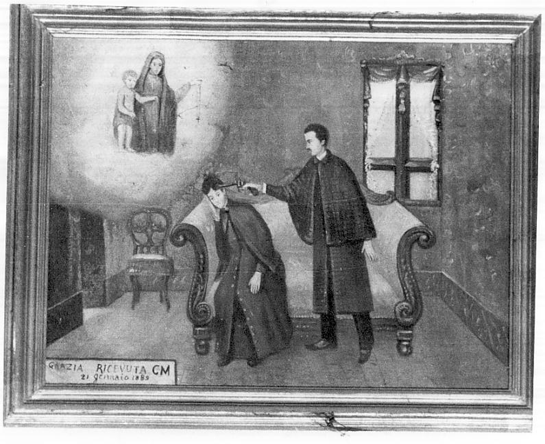 prete salvato da un colpo di pistola (ex voto, opera isolata) - ambito bresciano (sec. XIX)