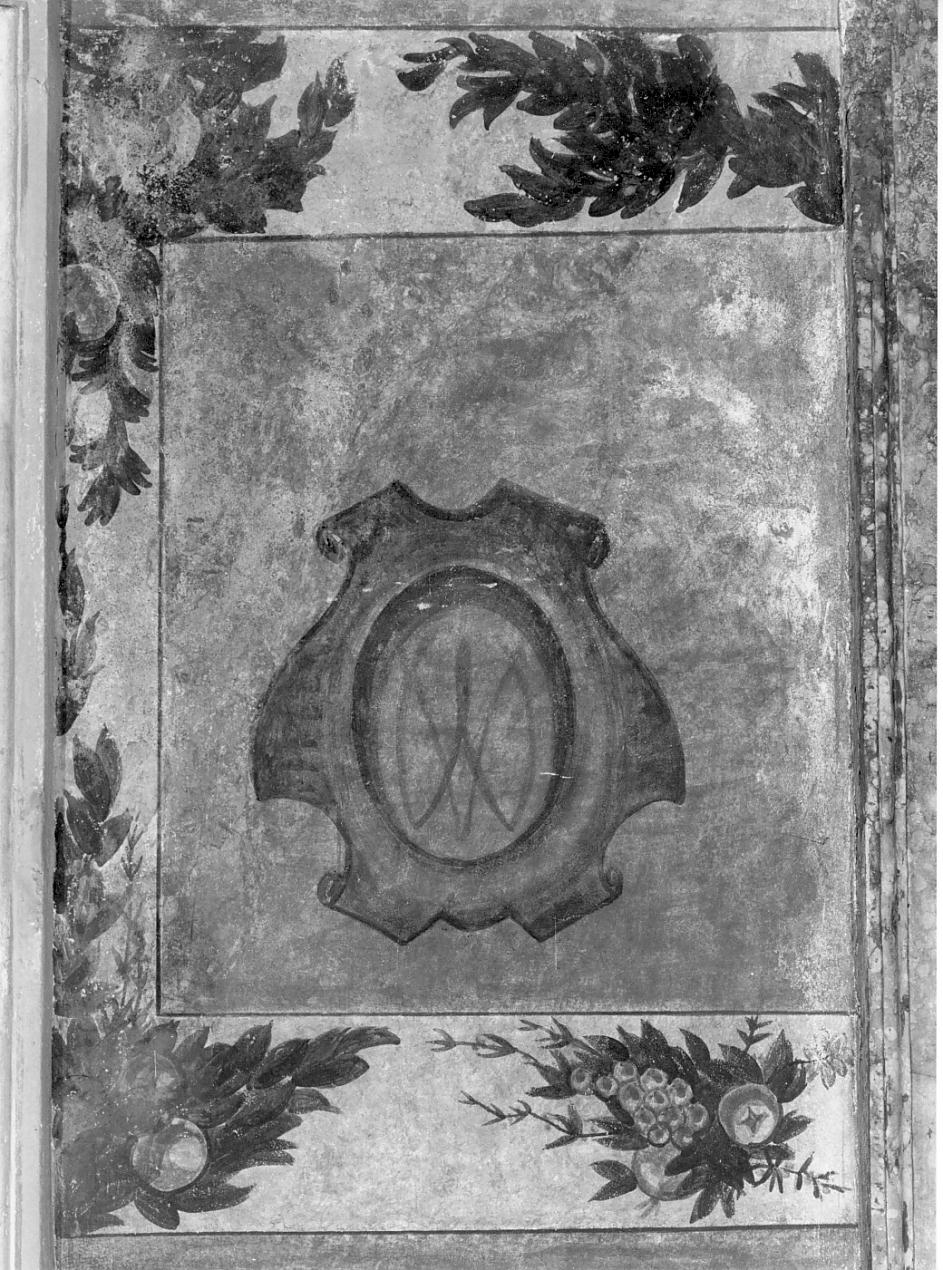 Monogramma della Madonna e motivi decorativi vegetali con frutta (dipinto, elemento d'insieme) - ambito bresciano (ultimo quarto sec. XVI)