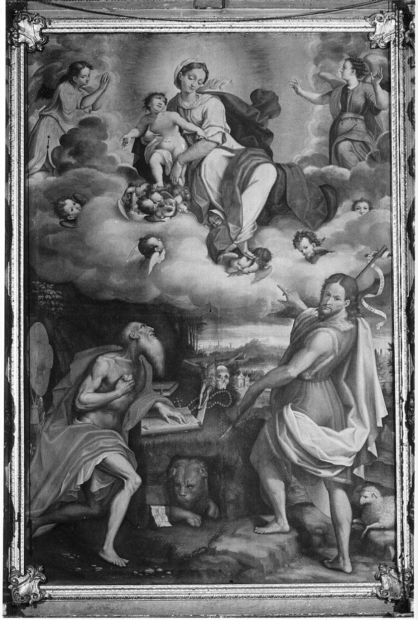 Madonna in gloria col Bambino e angeli e i santi Gerolamo e Giovanni Battista (dipinto, elemento d'insieme) di Mainardi Andrea detto Chiaveghino (sec. XVII)