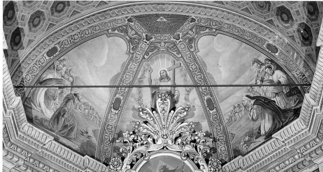 Cristo in gloria tra S. Francesco, S. Caterina da Siena e altri Santi (dipinto, complesso decorativo) di Miolato Gaetano (sec. XX)