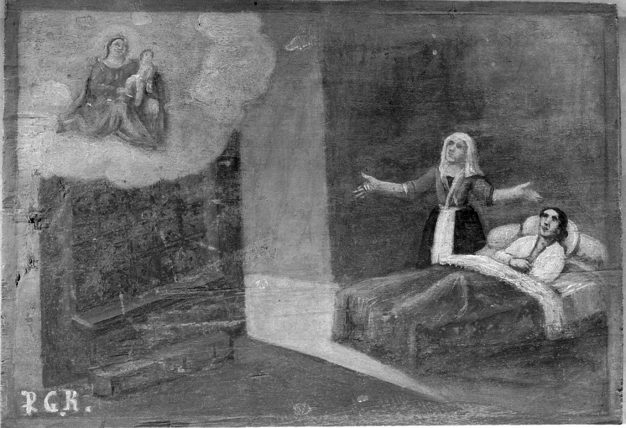 Apparizione della Madonna col Bambino a donna inferma a letto accudita da un'altra donna (ex voto, opera isolata) - ambito bresciano (seconda metà sec. XVIII)