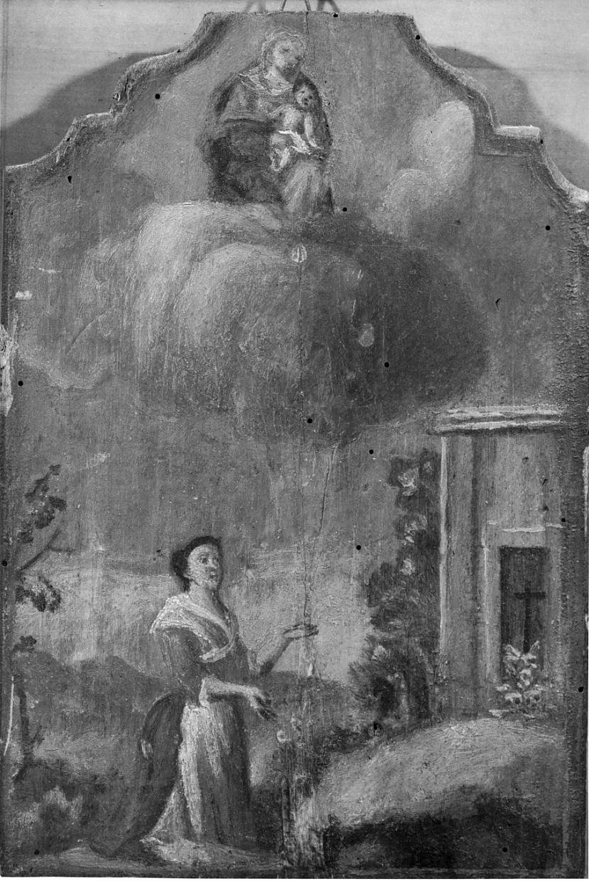 La Madonna e il Bambino intercedono per donna inginocchiata davanti alla chiesa di S. Rocco ai Morti (ex voto, opera isolata) - ambito bresciano (seconda metà sec. XVIII)