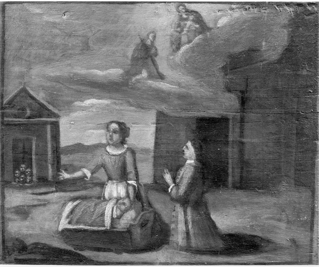 Uomo e donna ringraziano la Madonna e S. Rocco per una grazia concessa al figlio infermo (ex voto, opera isolata) - ambito bresciano (seconda metà sec. XVIII)