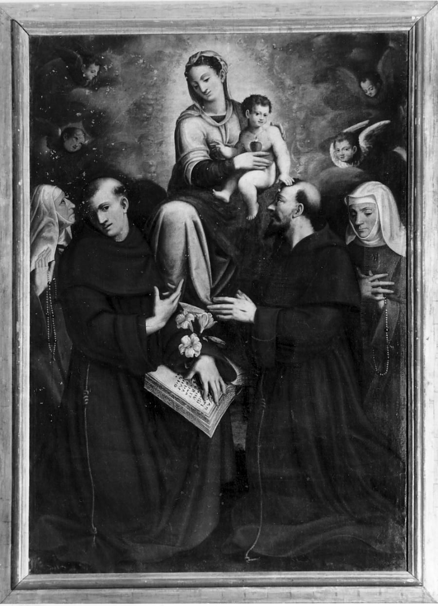 Madonna del Rosario tra angeli frati e suore domenicane (dipinto, opera isolata) - ambito lombardo (prima metà sec. XVII)