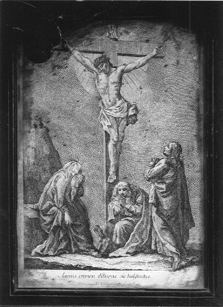 Cristo crocifisso con la Madonna, Santa Maria Maddalena e San Giovanni evangelista (stampa) - ambito milanese (sec. XIX)