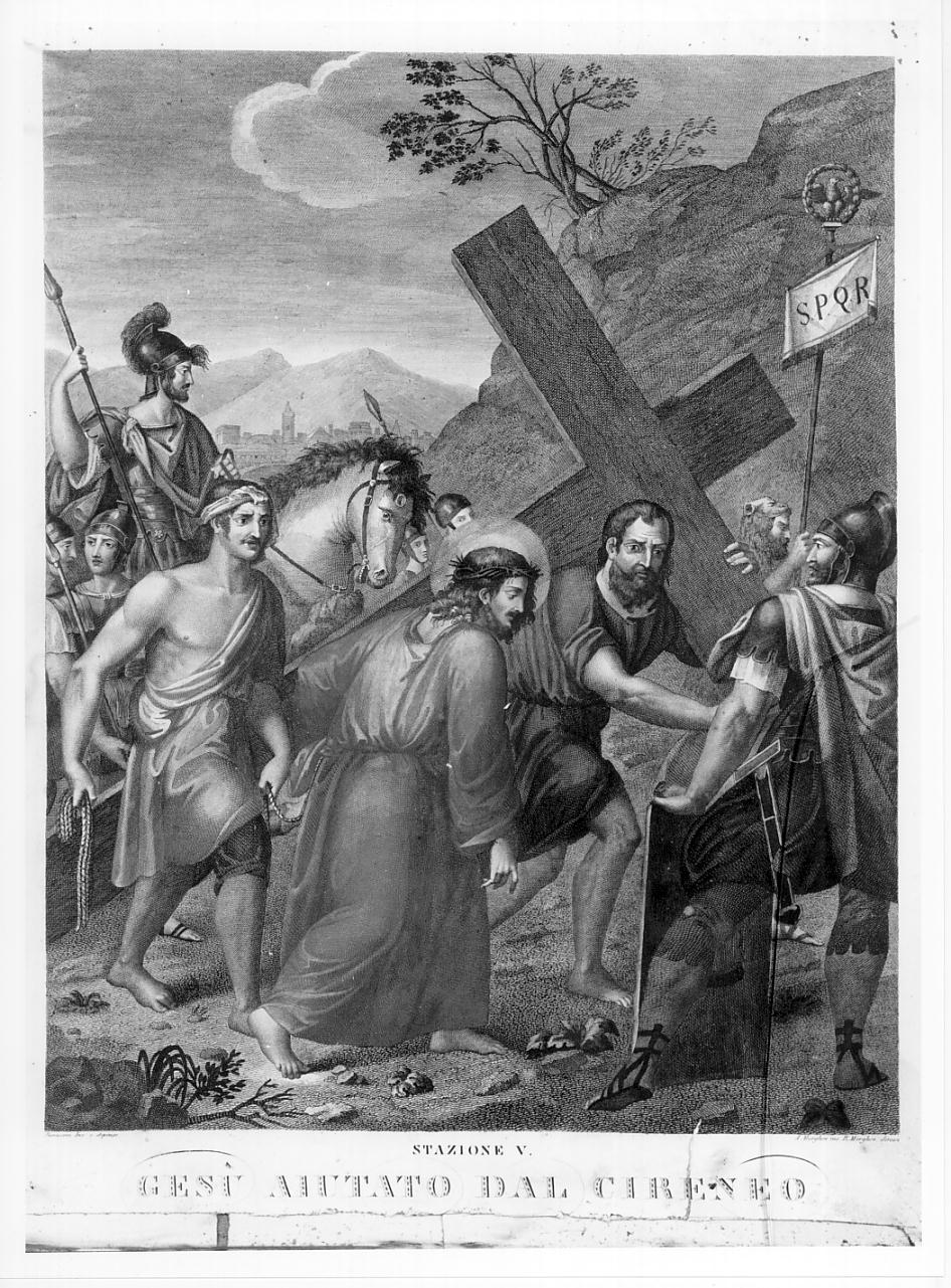 stazione V: Gesù aiutato da Simone il Cireneo a portare la croce (stampa, elemento d'insieme) di Pieraccini Francesco, Morghen Antonio, Morghen Raffaello (sec. XIX)