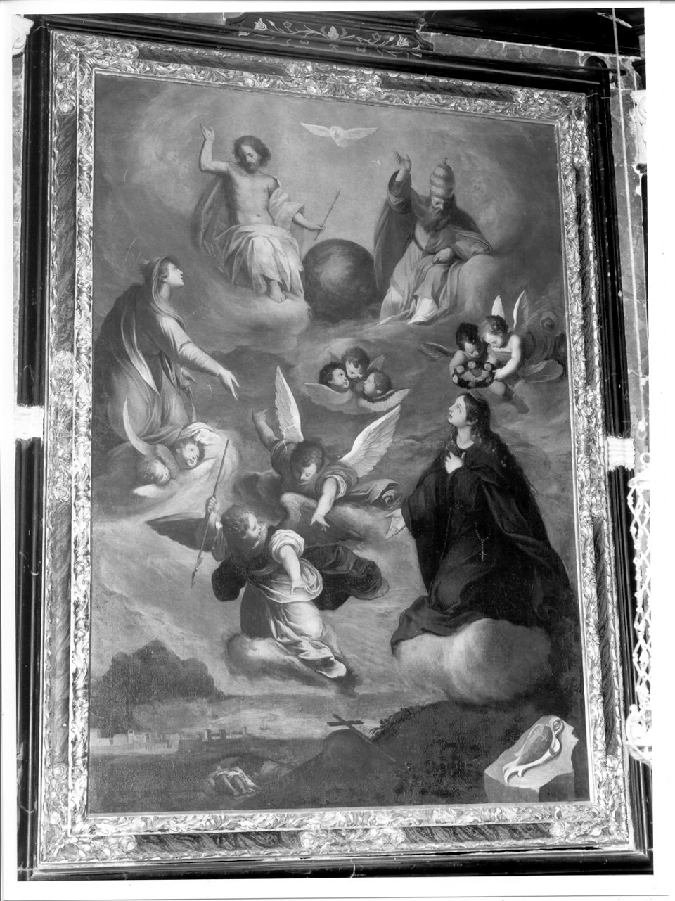 Santa Rosalia in gloria coronata dagli angeli intercede per la città di Palermo (pala d'altare, elemento d'insieme) di Novelli Pietro (secondo quarto sec. XVII)