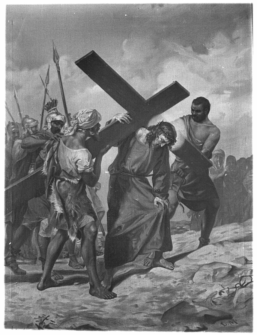 stazione V: Gesù aiutato da Simone il Cireneo a portare la croce (Via Crucis, elemento d'insieme) di Morgari Luigi (attribuito) (sec. XIX)