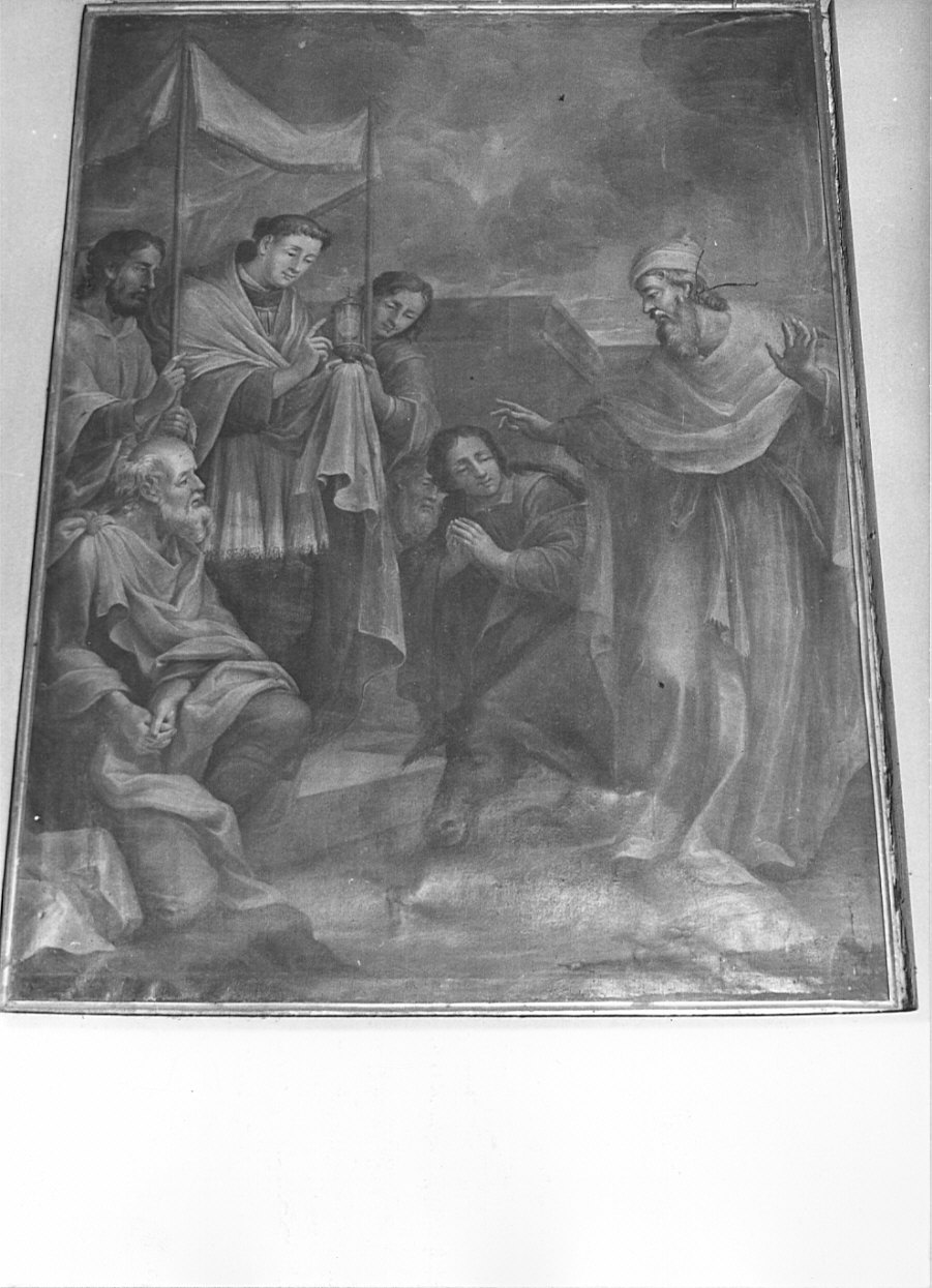 Sant'Antonio da Padova mostra l'Ostia consacrata alla giumenta (dipinto, opera isolata) di Crastona Giuseppe (attribuito) (inizio sec. XVIII)
