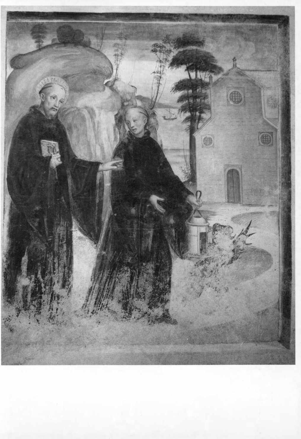 San Maiolo riaccende la candela votiva spenta dal demonio (dipinto, elemento d'insieme) di Lanzani Bernardino (attribuito) (inizio sec. XVI)