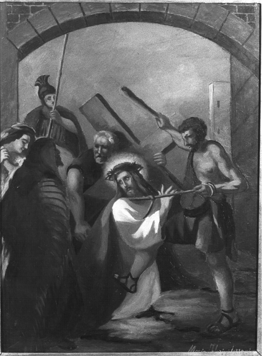 stazione V: Gesù aiutato da Simone il Cireneo a portare la croce (dipinto, elemento d'insieme) di Floriani Lissoni Maria (secondo quarto sec. XX)