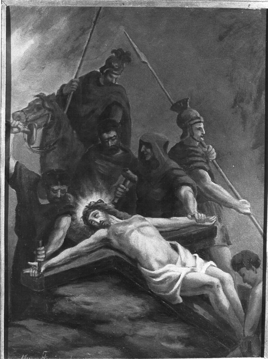 stazione XI: Gesù inchiodato alla croce (dipinto, elemento d'insieme) di Floriani Lissoni Maria (secondo quarto sec. XX)