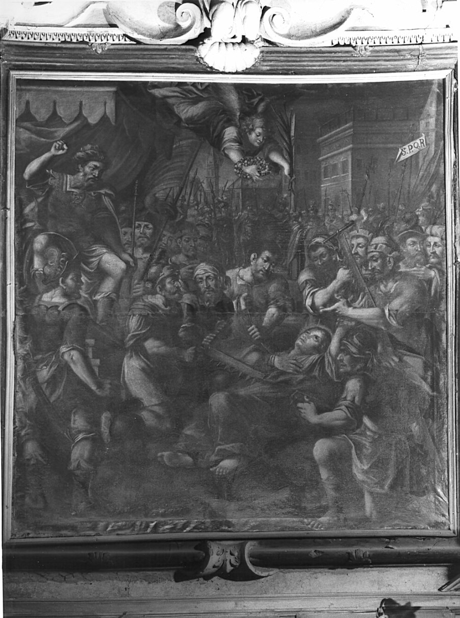 Sant'Eufemia sottoposta al martirio della ruota resta in vita (dipinto, elemento d'insieme) di Soldati Antonio (seconda metà sec. XVII)