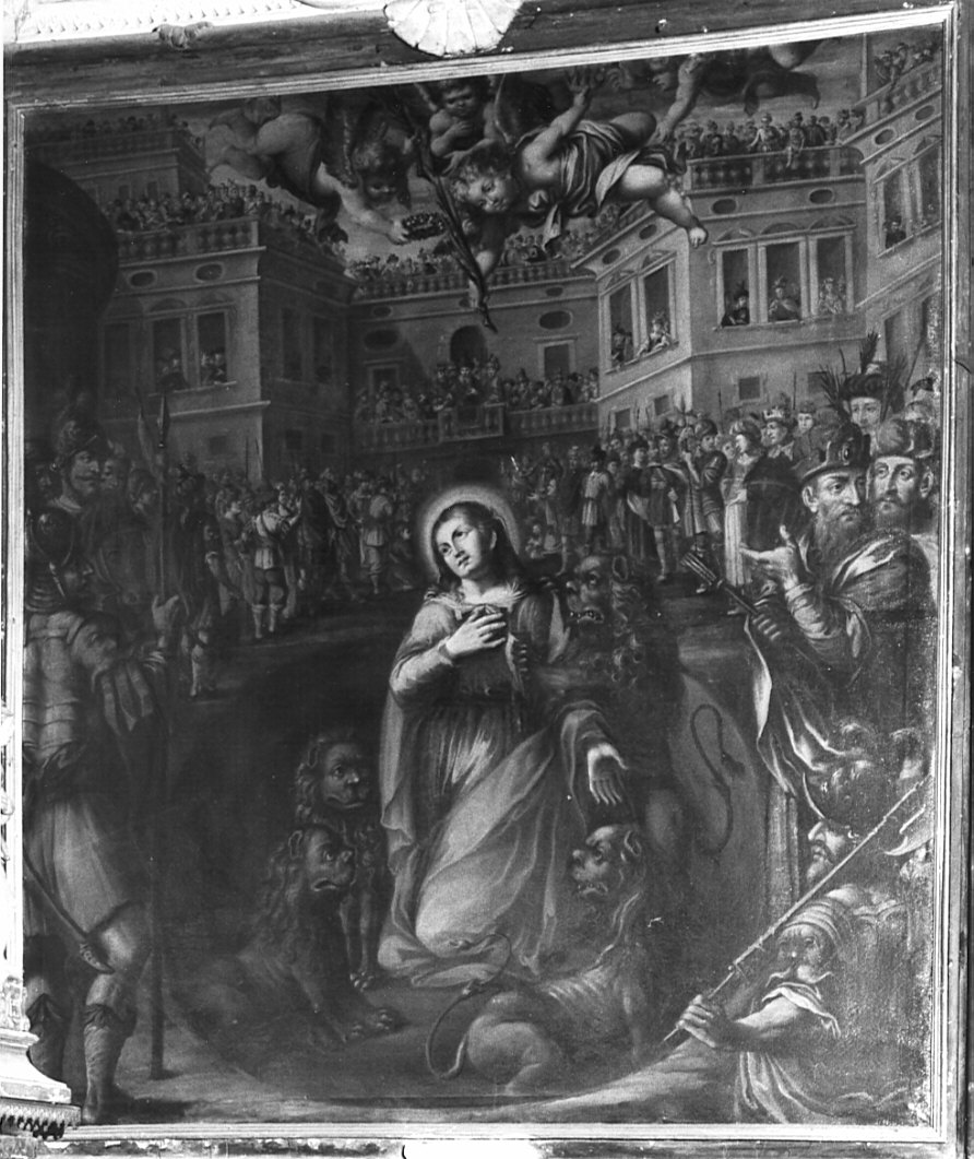 Sant'Eufemia assalita dalle belve resta in vita (dipinto, elemento d'insieme) di Soldati Antonio (seconda metà sec. XVII)