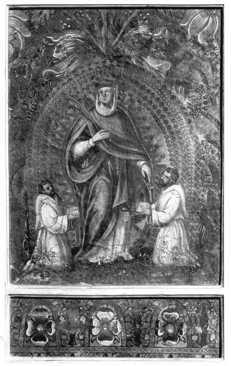 Santa Caterina d'Alessandria con due disciplini (pannello, elemento d'insieme) - ambito valtellinese (sec. XVII)