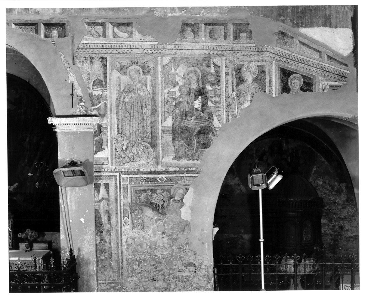 San Giorgio a cavallo/ angelo/ Madonna con bambino in trono/ santi (dipinto, ciclo) di Giovannino da Sondalo (attribuito) - ambito lombardo (sec. XV)