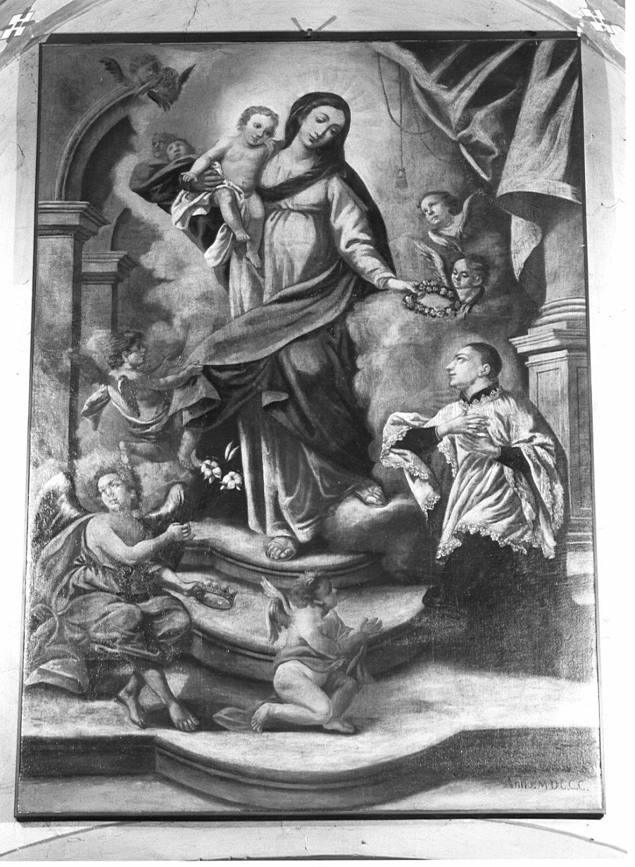 Madonna con Bambino in gloria porge una corona a San Luigi Gonzaga (dipinto, opera isolata) - ambito lombardo (sec. XVII)